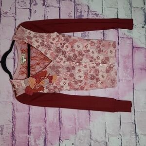 LULUMARI ROSE FLORAL KNIT MIXED MEDIA OPEN LACE BACK CARDIGAN MEDIUM